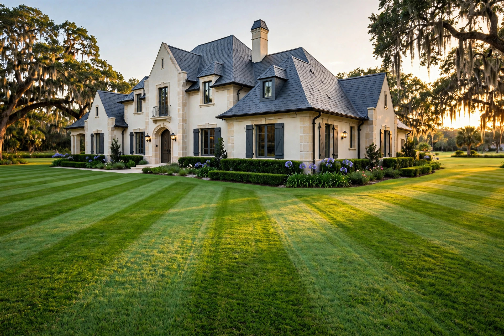 A French country style Highlands home in cream limestone behind a vast, pristine striped Bermuda lawn at golden hour