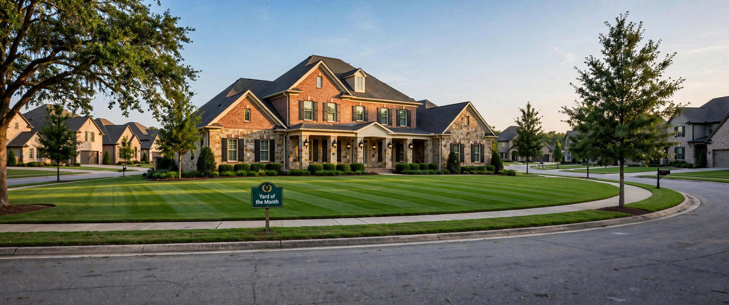 A grand Highlands home with a pristine striped Bermuda lawn and landscaped beds — the prize
