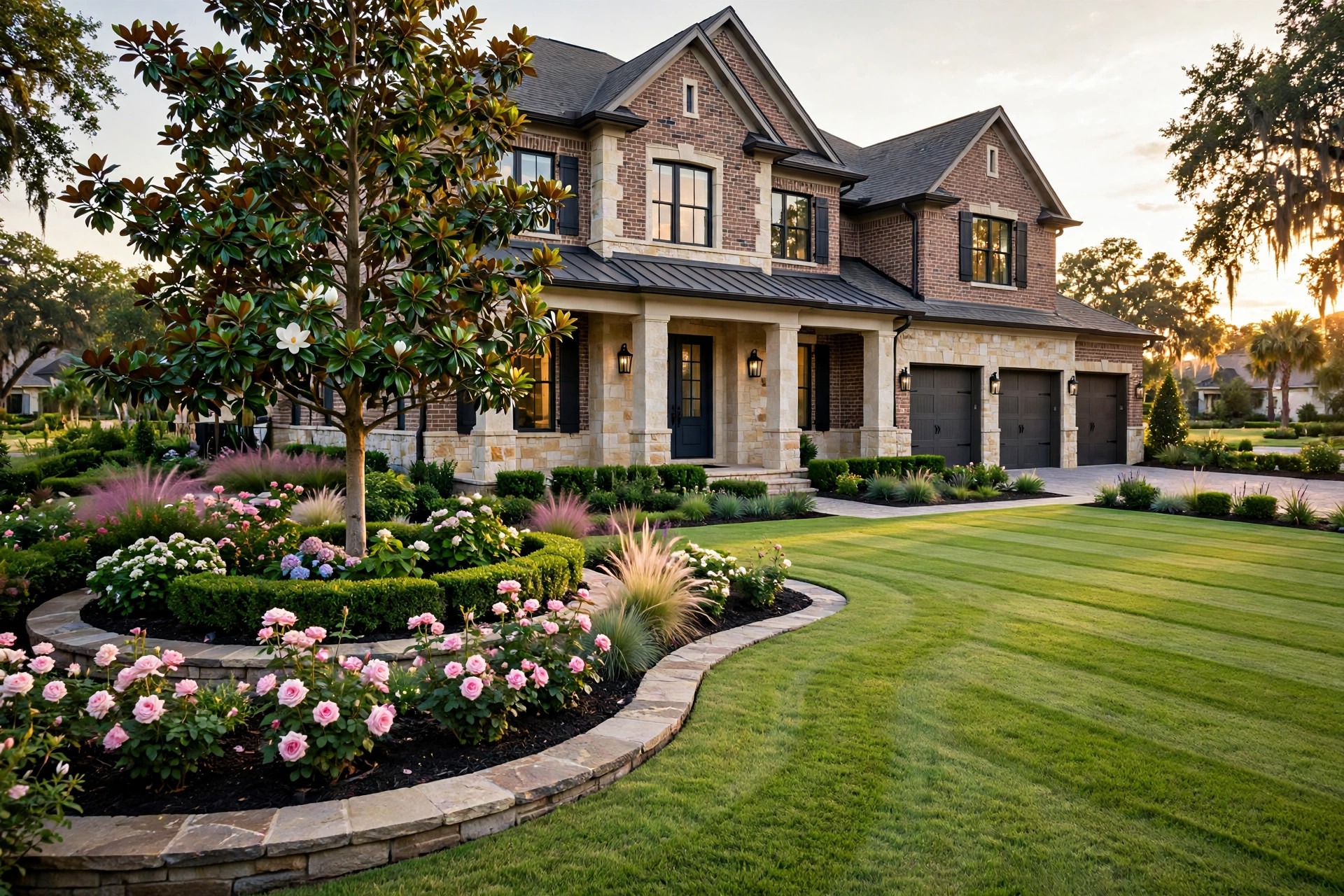 A grand Highlands home with a blooming magnolia and deep, professionally landscaped flower beds — roses, ornamental grasses, and layered plantings with only ribbons of lawn